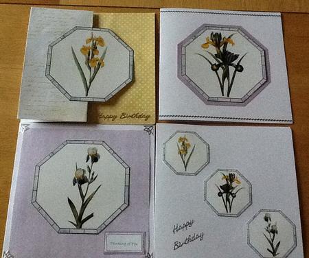 Six Iris Floral Toppers -three x 4" x 4" & Three x 2" x 2" by Joan Murfitt