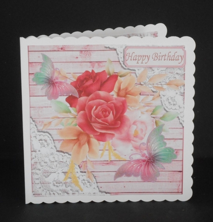 Pink Wood & lace, water colour flowers & butterflies 8x8 card front by Joan Prince