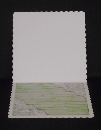 Green Wood and lace corners 8x8 card front by Joan Prince