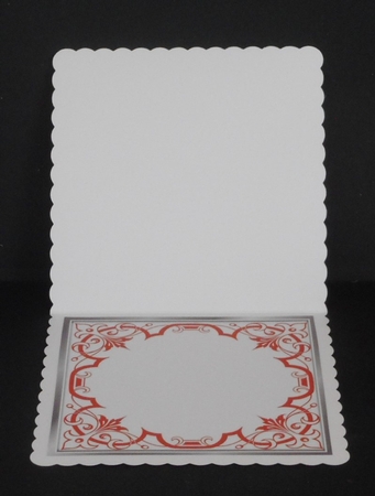Pretty ornate red scroll 8x8 card front/insert frame with robin by Joan Prince