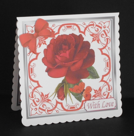 Pretty ornate red scroll 8x8 card front/insert frame with stunning rose by Joan Prince