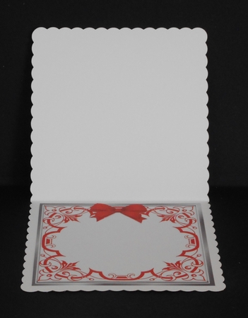 Pretty ornate red scroll 8x8 card front/insert frame with stunning rose by Joan Prince