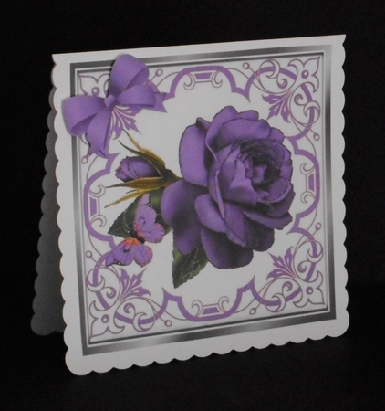 Pretty ornate purple scroll 8x8 card front/insert frame with stunning rose by Joan Prince