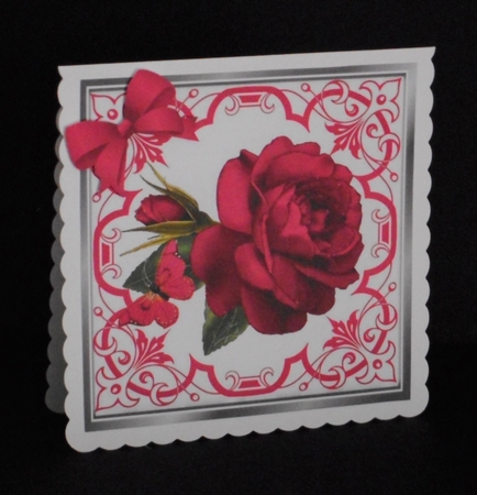 Pretty ornate cerise scroll 8x8 card front/insert frame with stunning rose by Joan Prince