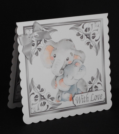 pretty ornate card front/insert with leaves in silver 7x7 with eles by Joan Prince