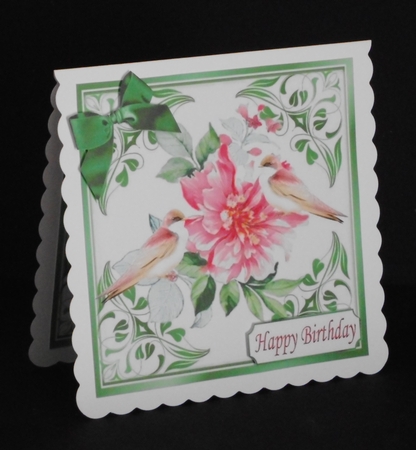 pretty ornate card front/insert with leaves in green 7x7 flowers with birds by Joan Prince