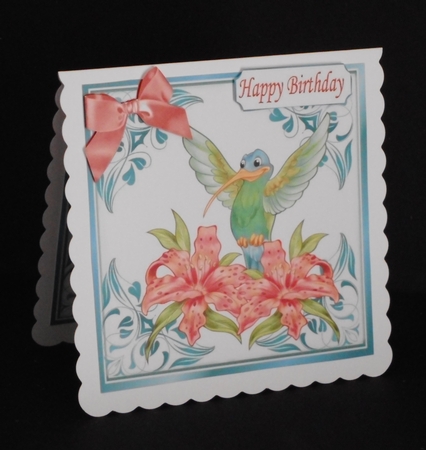  ornate card front/insert with leaves in turq 7x7 flowers with humming bird by Joan Prince