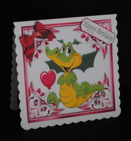 pretty ornate card front/insert with leaves in cerise 7x7 with a dragon  by Joan Prince