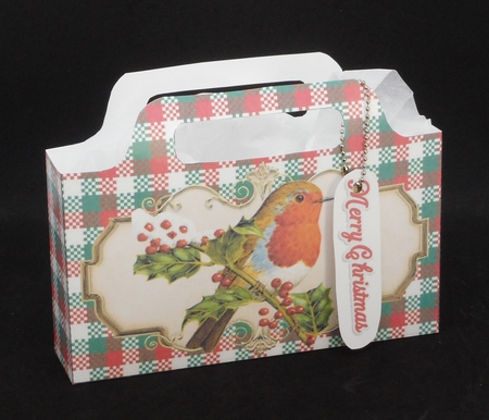 Pretty tote  bag with robin on a branch with tartan by Joan Prince
