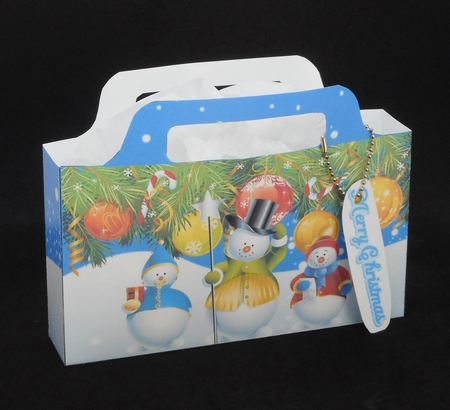 Pretty tote  bag with snow scene, baubles and snowmen by Joan Prince