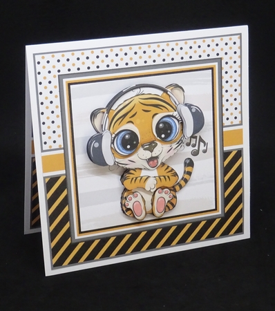 8x8 Tiger with Headphones Mini Decoupage Kit - x4 A4 sheets  by Joan Prince