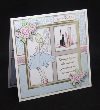 8x8 When Beauty begins Card Front, Tag Decoupage Flowers & Sentiment  by Joan Prince