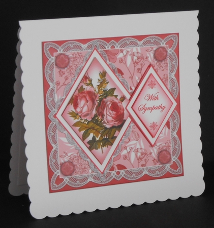 Pink Roses with Sympathy 7in Double Diamond Topper by Joan Prince