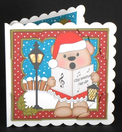 8 x 8 Christmas Carol Singing Livvy Bear 3D Decoupage by Joan Prince