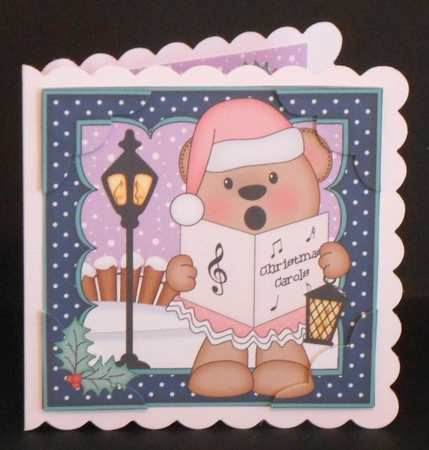 8 x 8 Christmas Carol Singing Livvy Bear 3D Decoupage by Joan Prince