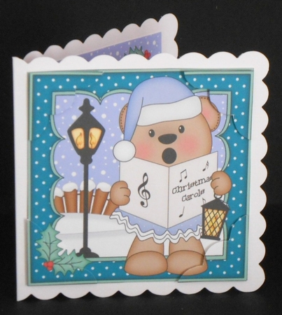 8 x 8 Christmas Carol Singing Livvy Bear 3D Decoupage by Joan Prince