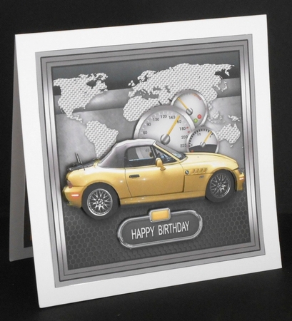 Yellow Sports Car with World Map 8inx8in Decoupage Mini Kit by Joan Prince