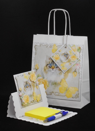Cat with yellow roses and butterflies by Joan Prince
