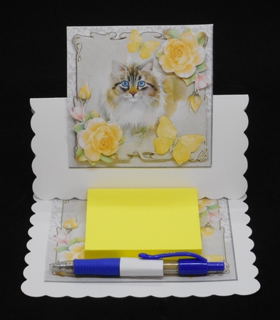 Cat with yellow roses and butterflies by Joan Prince