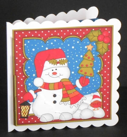 Christmas Snowman Oli has a Christmas Tree Scallop Corner side stacker Topper by Joan Prince