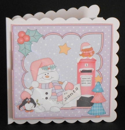 Christmas Snowman Oli and Pip Penguins post a letter to Santa Scallop Corner side stacker Topper by Joan Prince