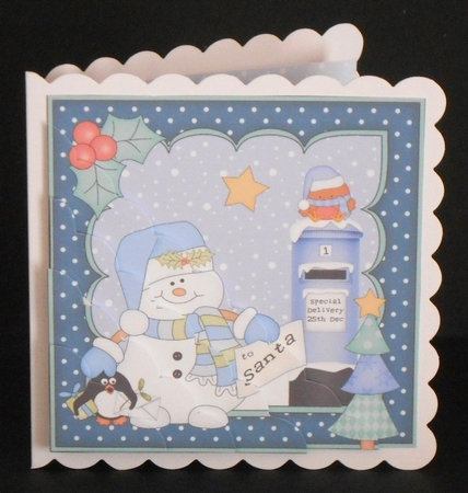 Christmas Snowman Oli and Pip Penguins post a letter to Santa Scallop Corner side stacker Topper by Joan Prince