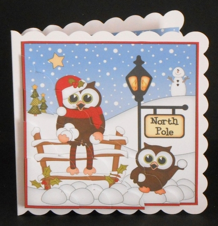 Christmas Little Hoot Owls have a Snowball Fight at the North Pole Scalloped Corner Stacker by Joan Prince