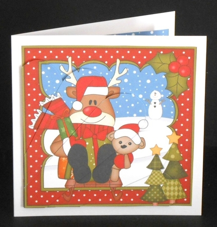 Christmas Rudolph goes Sledging Fan Pyramage Topper by Joan Prince