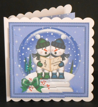 Christmas Snowglobe Cute Snowmen go Carol Singing Scallop Corner side stacker Topper by Joan Prince