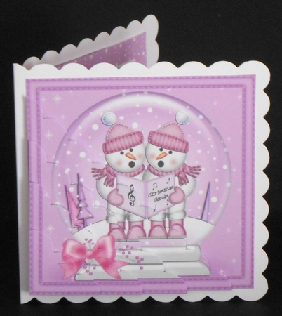 Christmas Snowglobe Cute Snowmen go Carol Singing Scallop Corner side stacker Topper by Joan Prince