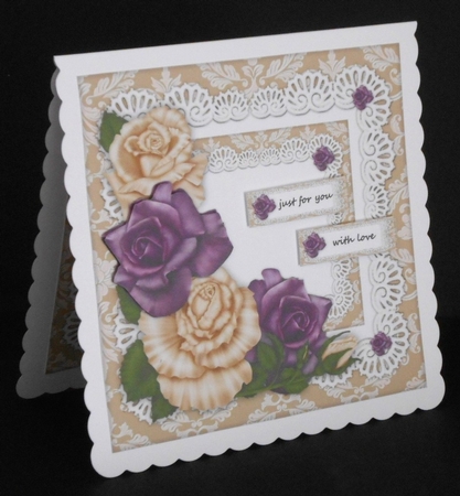 Yvory & Purple heritage roses in lace frame Card topper by Joan Prince
