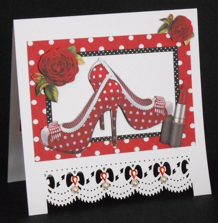 pretty red polkadot/stripe shoes with red roses A5 by Joan Prince