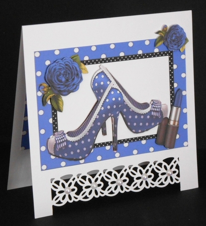pretty blue polkadot/stripe shoes with blue roses A5 by Joan Prince