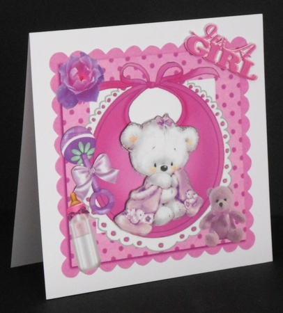 Cuddly teddy with her lilac blanket, bottle on bib, in frame 8x8 by Joan Prince