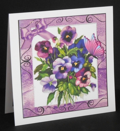 Pretty shades of lilac and purple pansies with butterfly 8x8 by Joan Prince