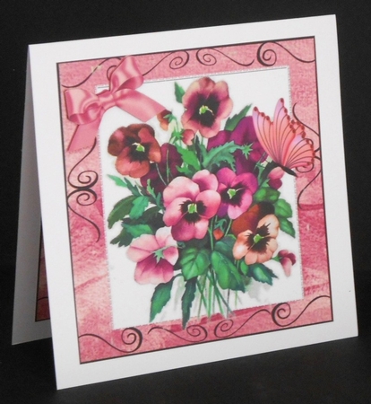 Pretty shades of pink pansies with butterfly 8x8 by Joan Prince