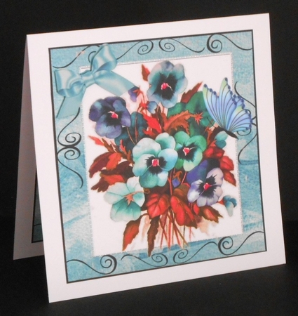 Pretty shades of blue pansies with butterfly 8x8 by Joan Prince