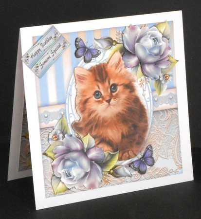 Adorable Fluffy Kitten With Blue Roses 8x8 Mini Kit by Joan Prince