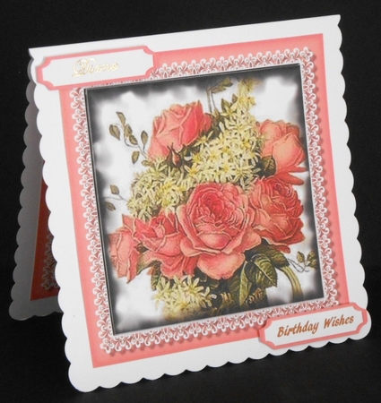 Stunning  roses and Lilac  in a lace Mat  by Joan Prince