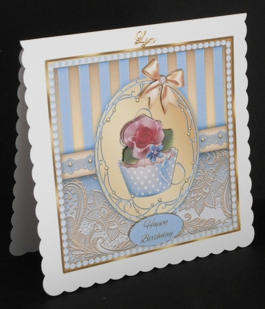 Pale Blue & Gold Lace Cupcake Card Front by Joan Prince