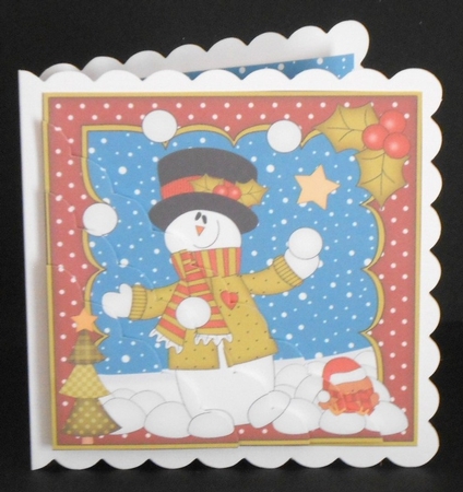 Christmas Snowman Rio is Carol Having a Snowball Fight Scallop Corner side stacker Topper by Joan Prince