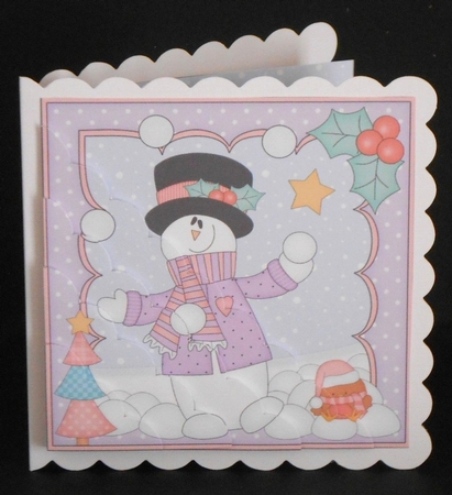 Christmas Snowman Rio is Carol Having a Snowball Fight Scallop Corner side stacker Topper by Joan Prince