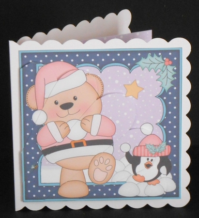 Christmas Livvy Bear is having  a Snowball Fight with Pip Penguin Fan Pyramage Topper by Joan Prince