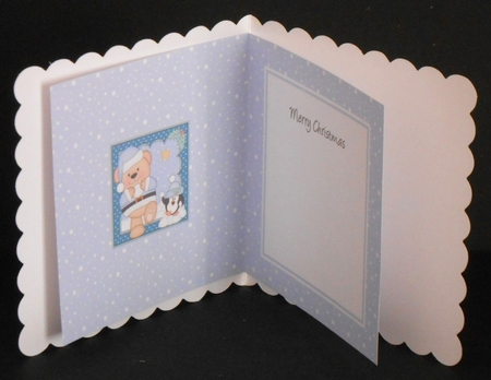 Christmas Livvy Bear is having  a Snowball Fight with Pip Penguin insert square landscape by Joan Prince