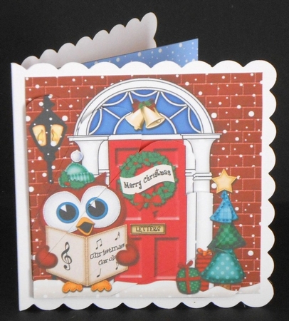 Little Hoot Owl at the Christmas Door Fan Pyramage Topper by Joan Prince