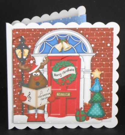 Rudolf at the Christmas Door Fan Pyramage Topper by Joan Prince