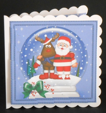 Christmas Snowglobe Santa & Rudolph Scallop Corner side stacker Topper by Joan Prince