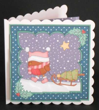 Christmas Bobbin Robin has a Christmas Tree Wavy Corner side stacker Topper by Joan Prince