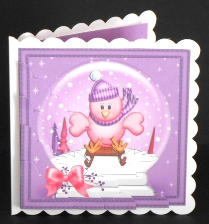 Christmas Little Birdie goes Sledging Snowglobe Scallop Corner Stacker by Joan Prince