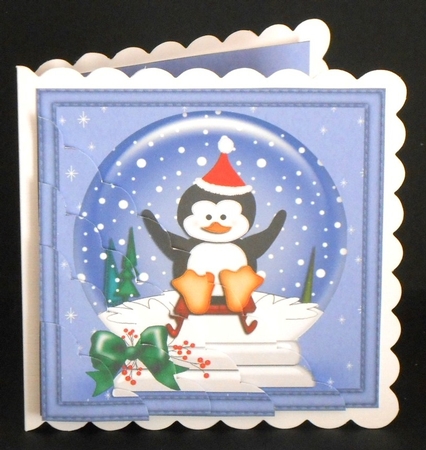 Christmas Pip Penguin goes Sledging Snowglobe Scallop Corner Stacker by Joan Prince